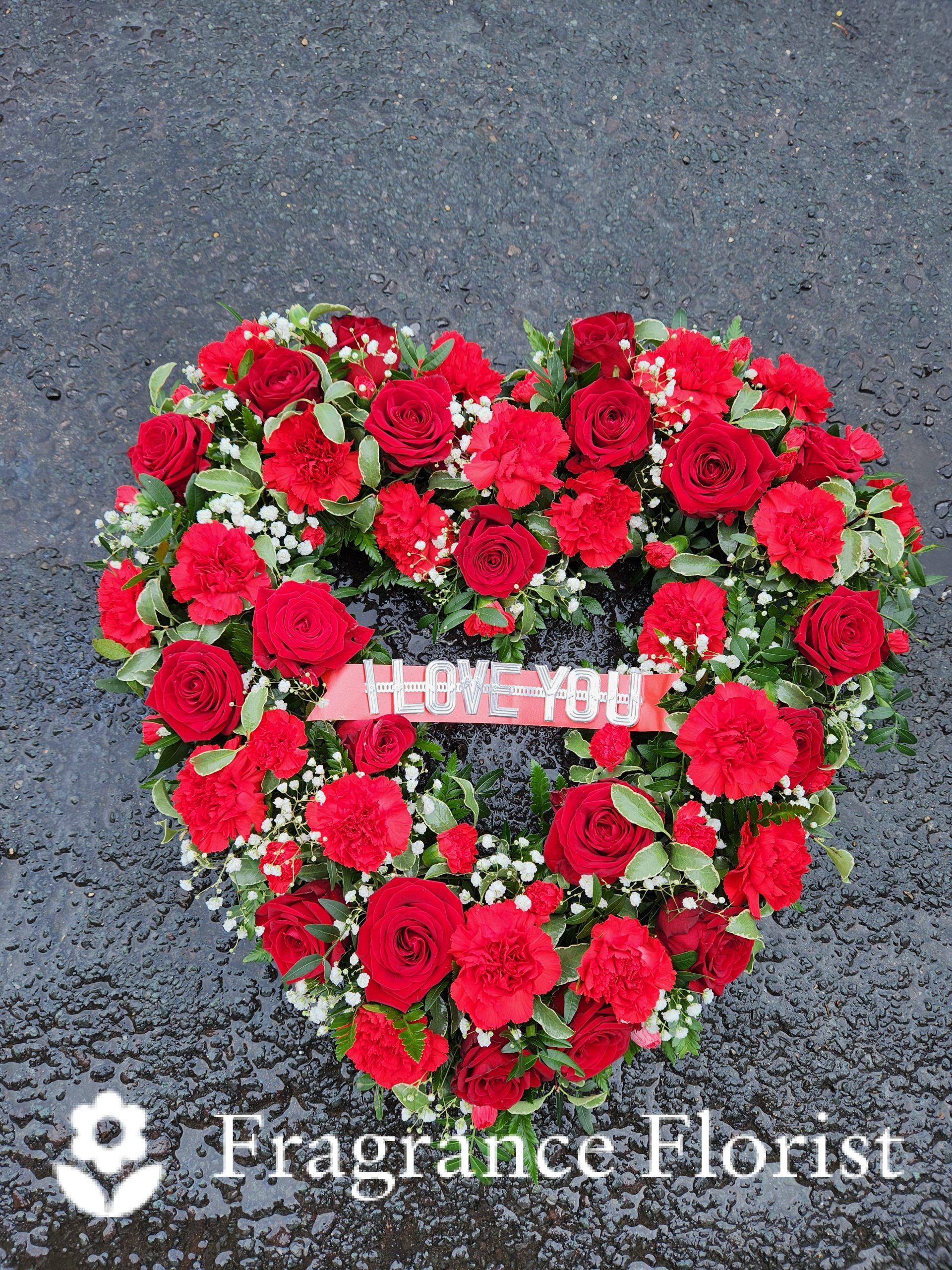 15" open heart with red roses and carnations